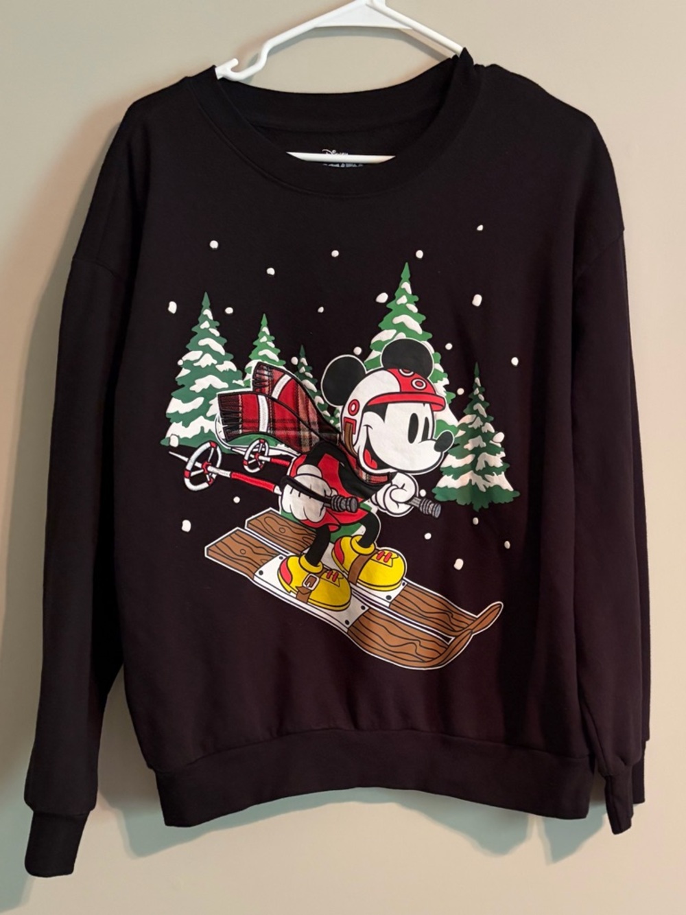 Disney Black Crewneck Sweater with Mickey Mouse Ski Graphic